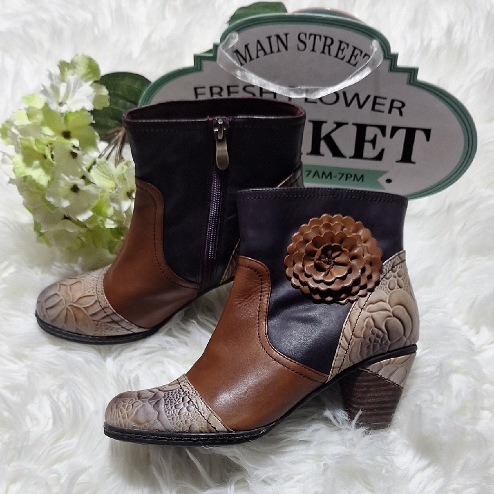 Spring Step Brown and Tan Floral Ankle Boots